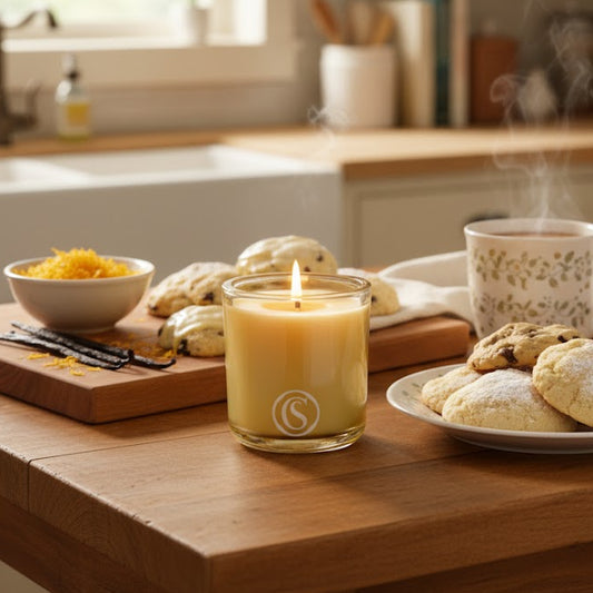 Candle, mug, and cookies on a wooden table in a kitchen setting