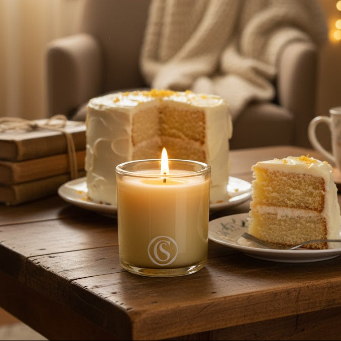 Candle, cake slices, and a mug on a wooden table with a cozy background