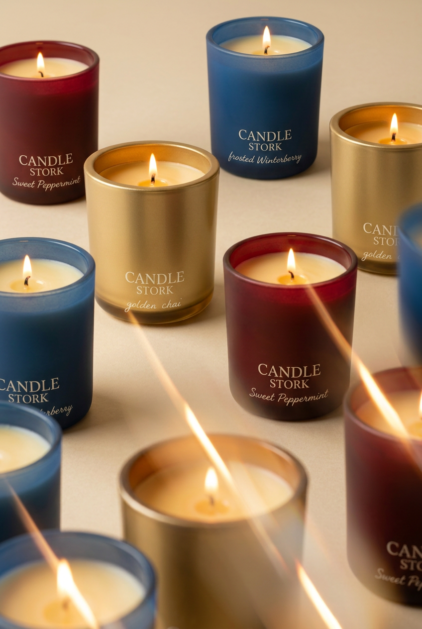 Revised Luxe winter candle arrangement closely following the original photo’s crop, haze and diagonal light streaks