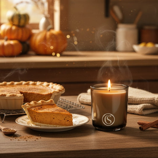 pumpkin pie candle scented with pure essential oils. cinnamon and ginger candle