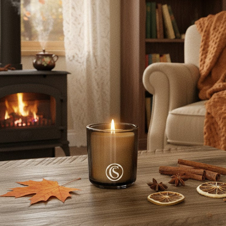Cozy living room with a lit candle, fireplace, and autumn decorations.