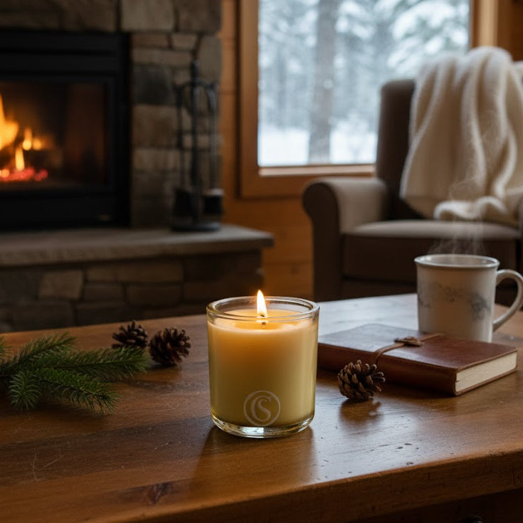 Candle on a wooden table with a fireplace and window in the background