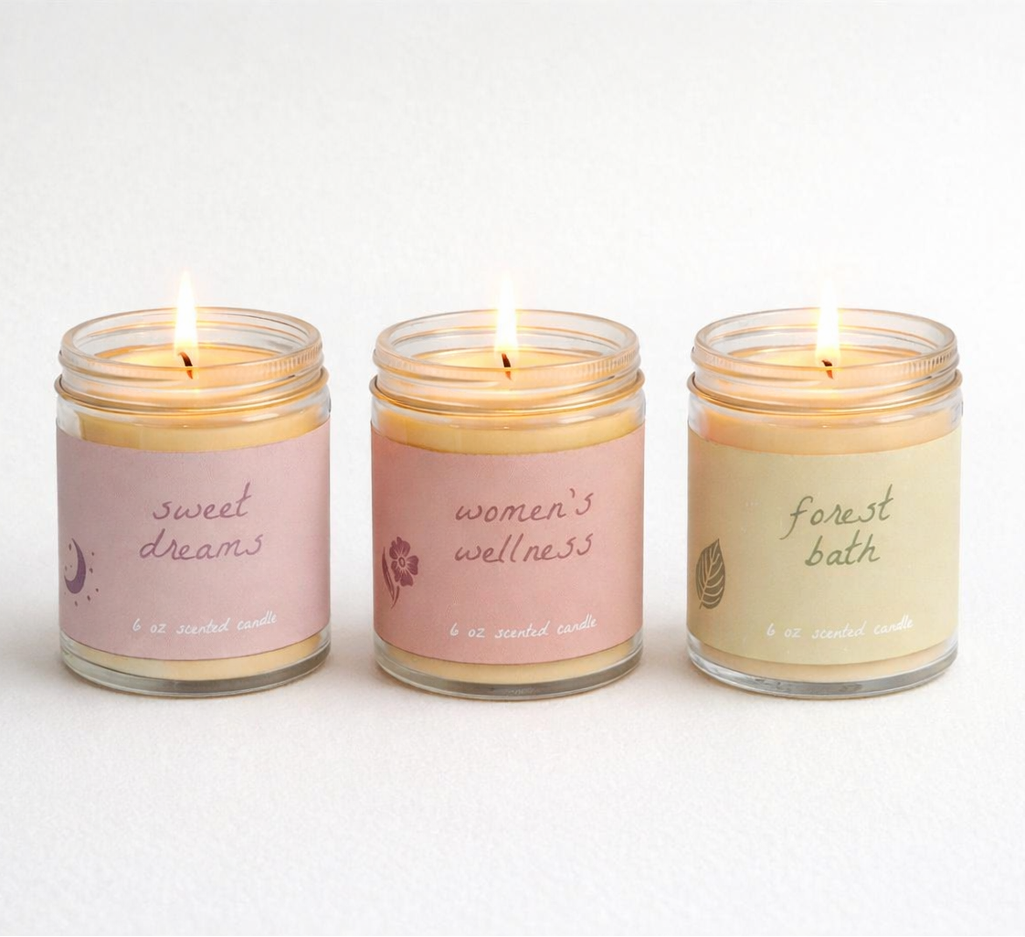 Three scented candles labeled 'sweet dreams', 'women's wellness', and 'forest bath' on a white background.