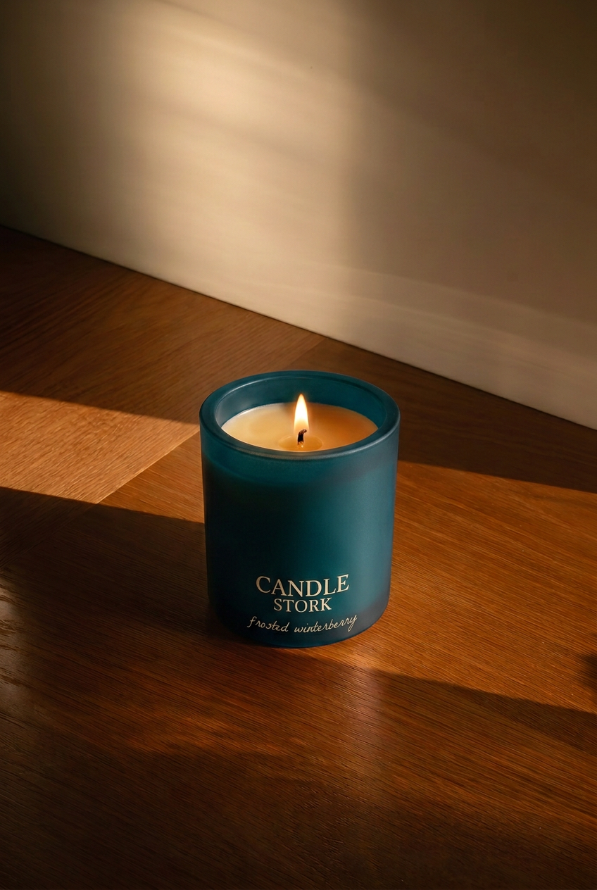 Frosted Winterberry Luxe candle with the Sweet Peppermint photo’s golden lighting and shadows