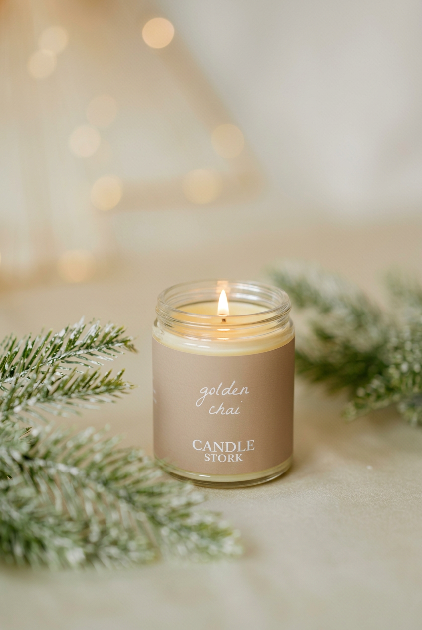Lit 6 oz Golden Chai candle in the softly lit evergreen holiday scene