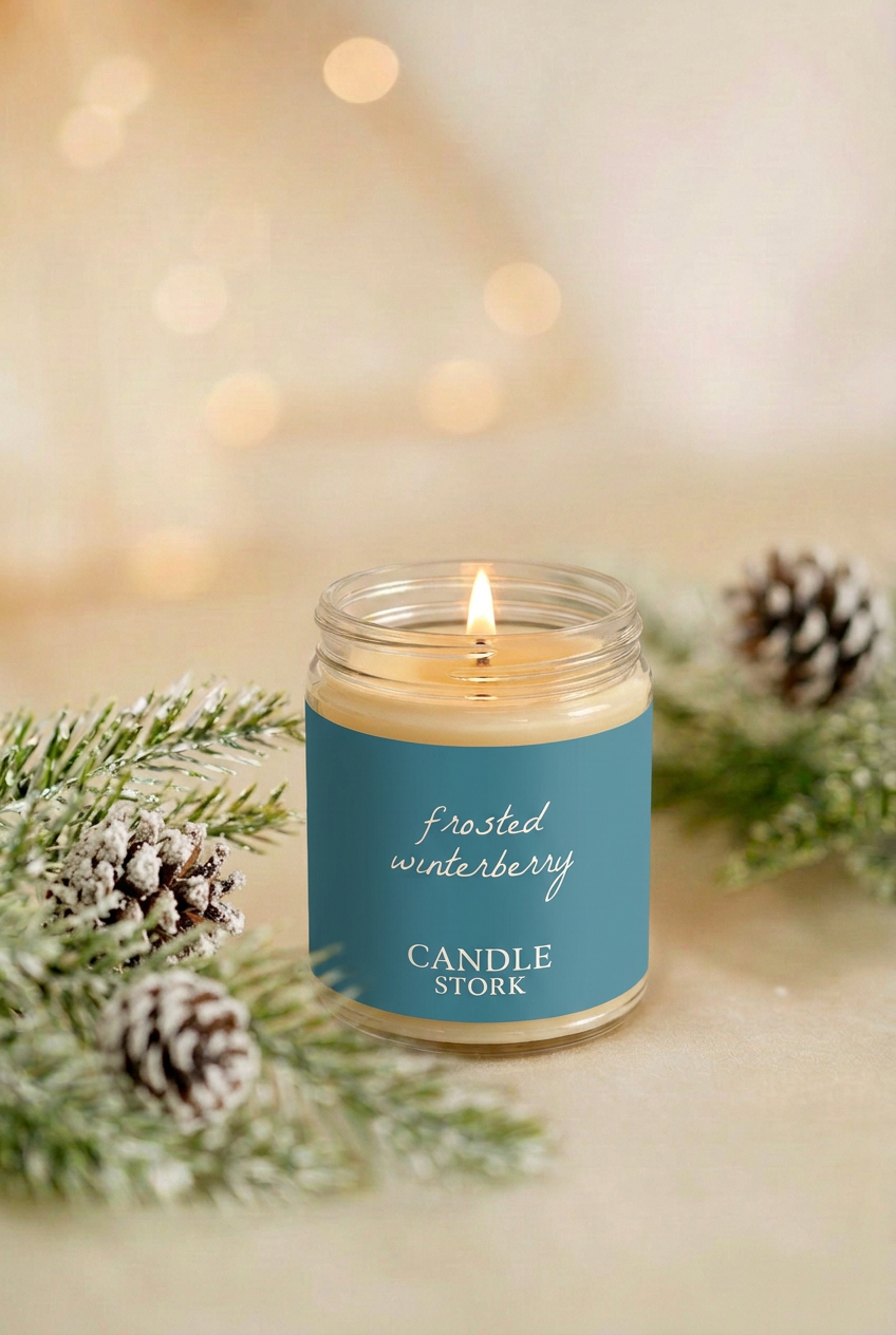 Lit Frosted Winterberry candle in the evergreen holiday scene