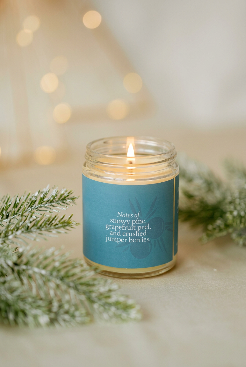 Lit Frosted Winterberry candle with its scent-notes label in the evergreen holiday scene