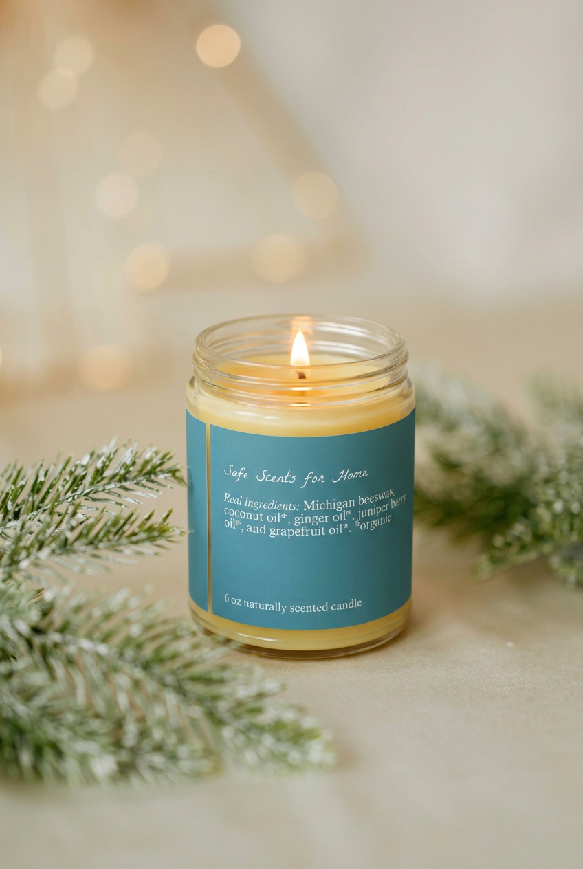 Lit Frosted Winterberry candle with soft yellow beeswax and its ingredients panel facing forward in the evergreen scene