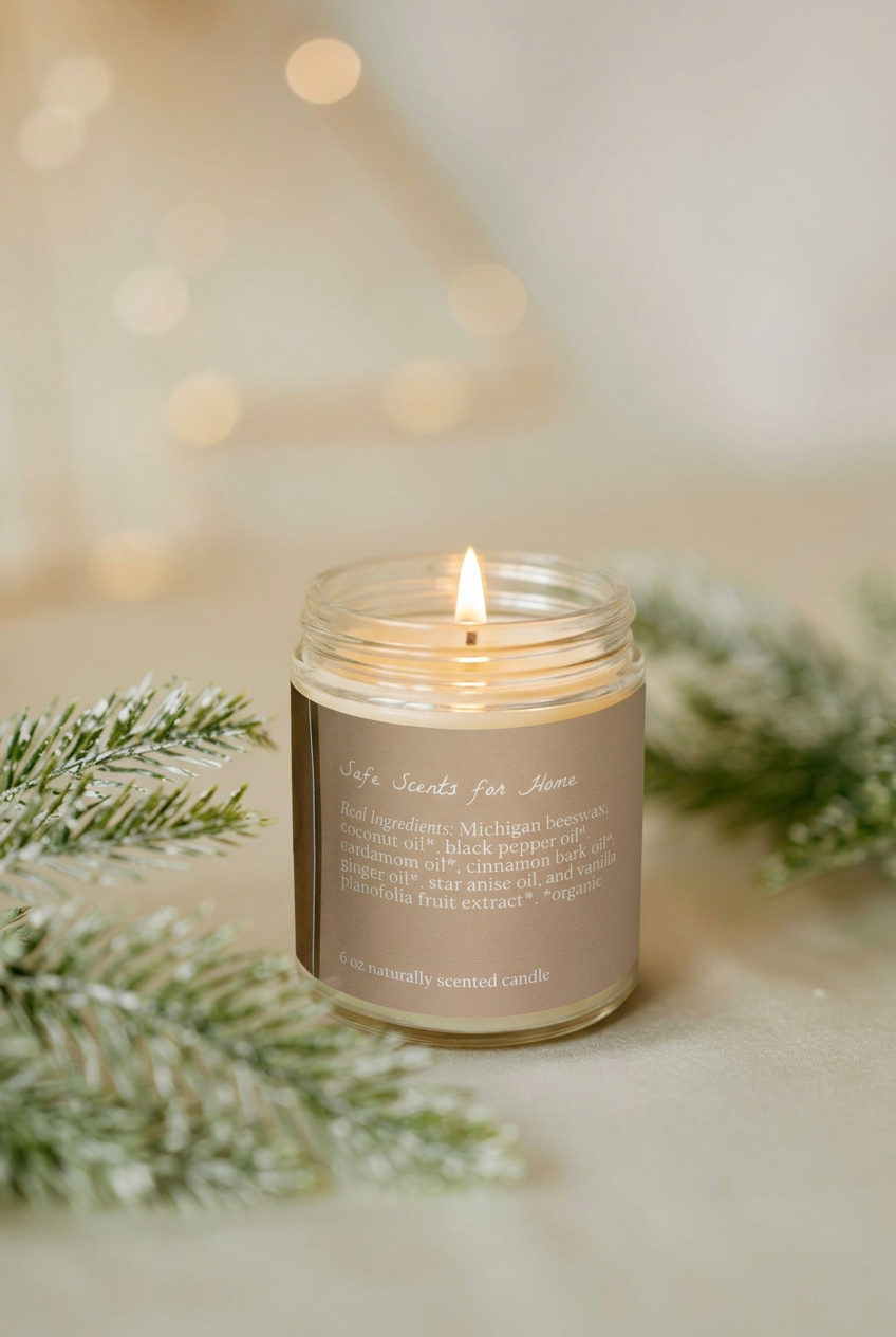 Lit Golden Chai candle with its ingredients label in the evergreen holiday scene