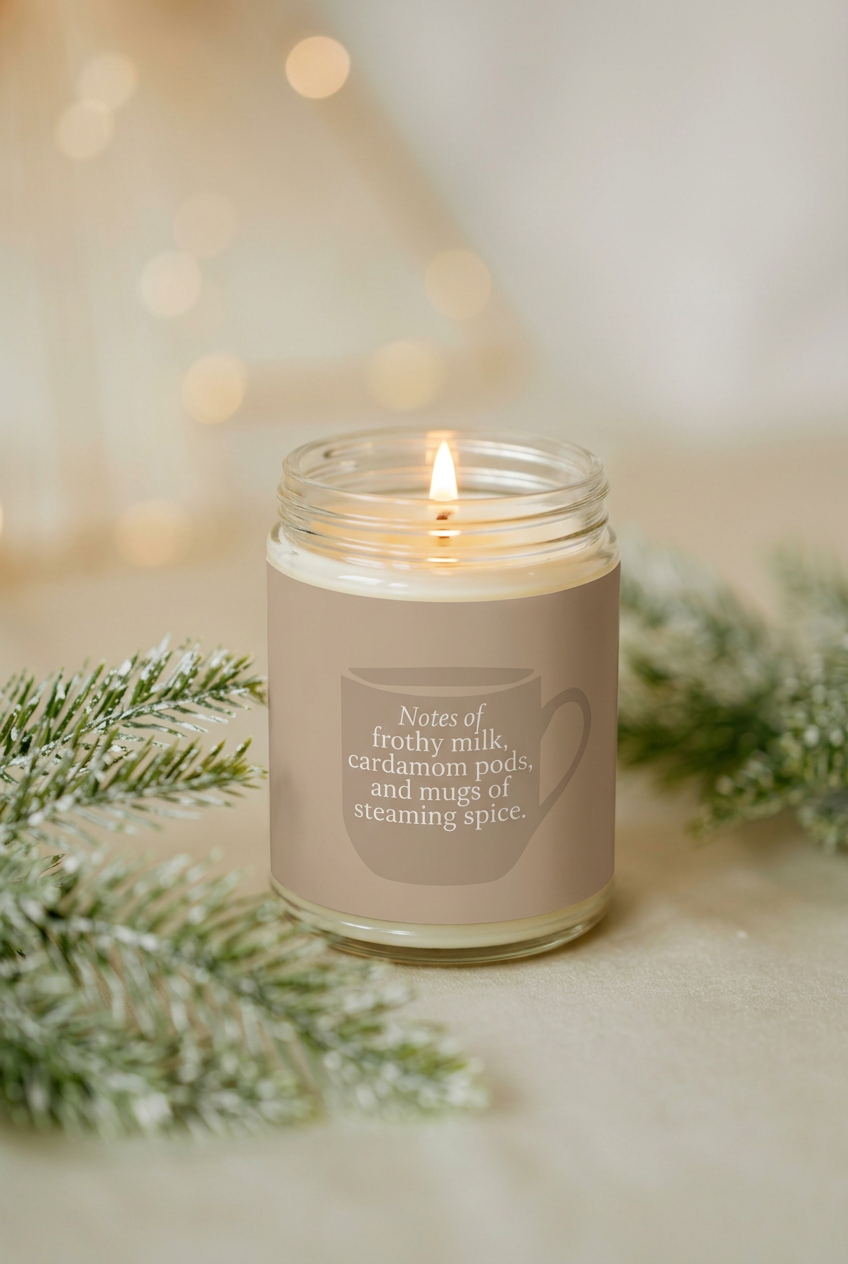 Lit Golden Chai candle with its scent-notes panel in the evergreen holiday scene