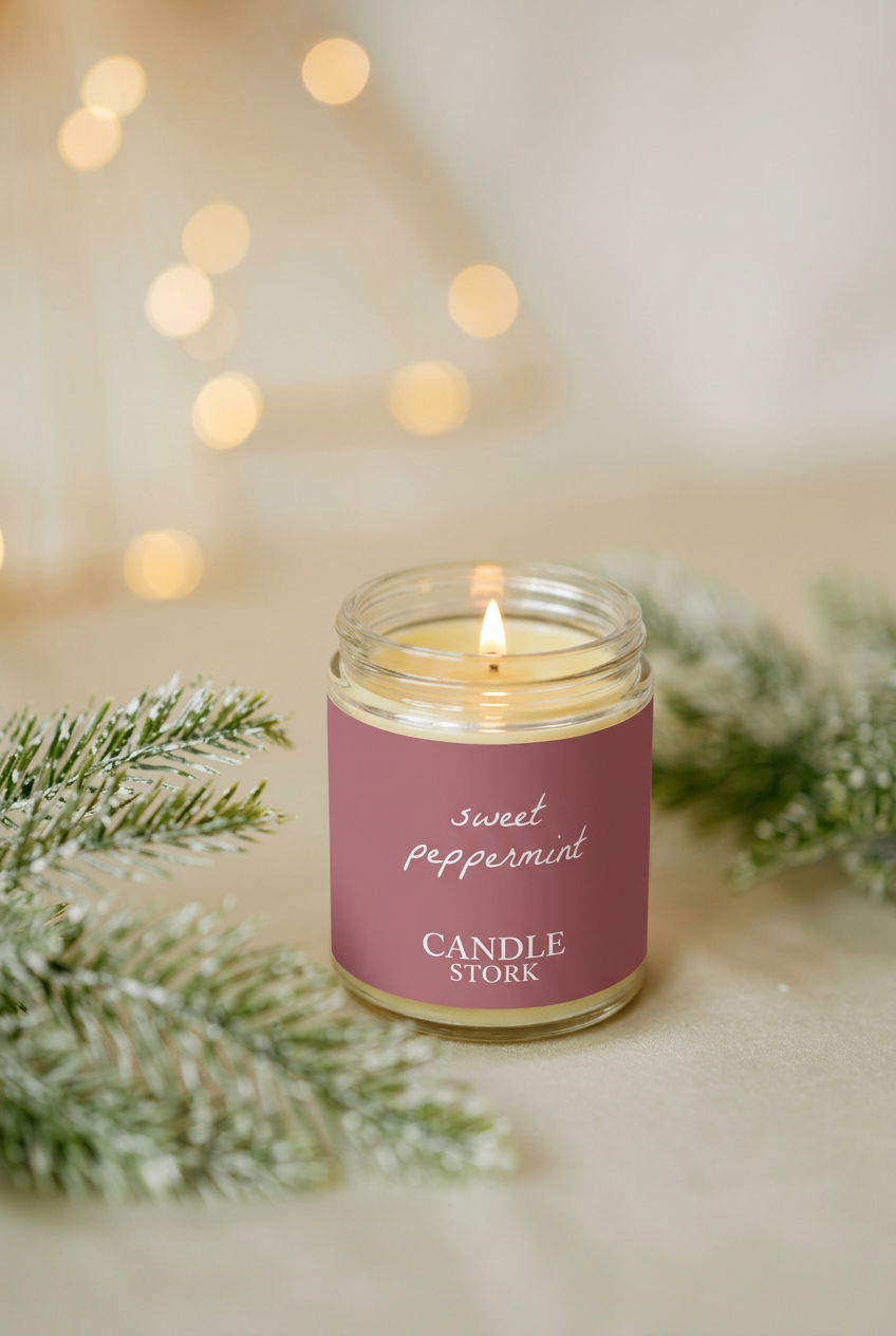 Lit Sweet Peppermint candle with its front label in the softly lit evergreen scene