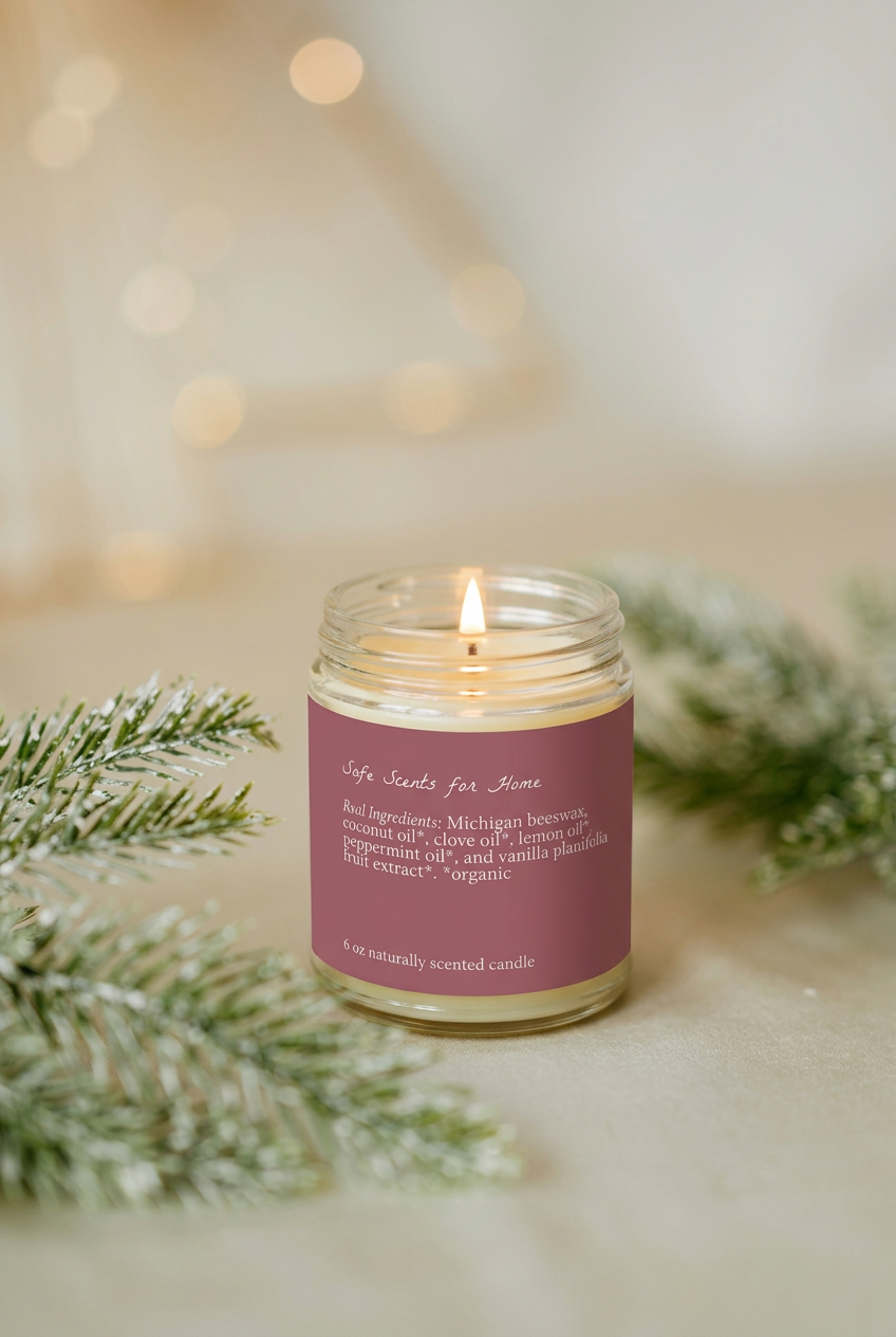 Lit Sweet Peppermint candle with its ingredients label facing forward in the evergreen holiday scene