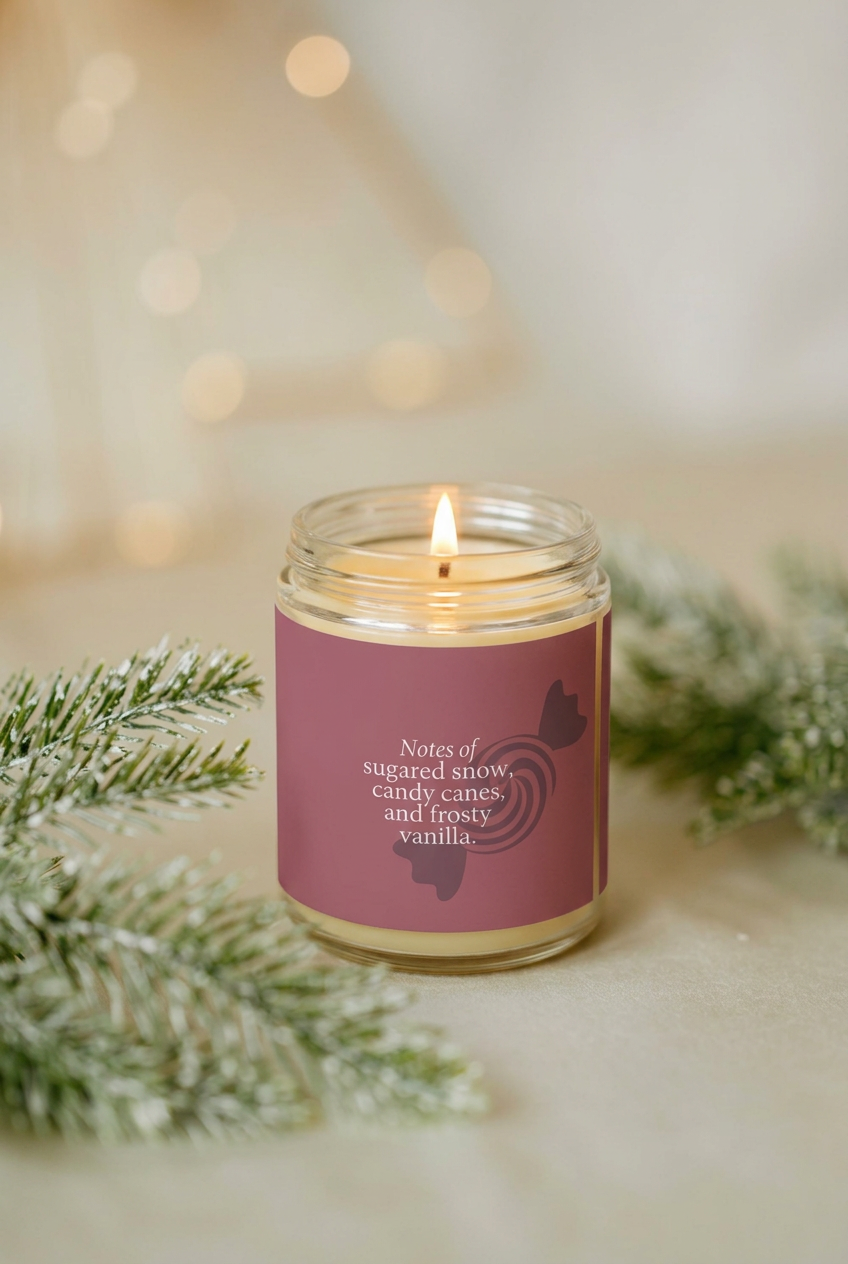 Lit Sweet Peppermint candle with the scent-notes label in the evergreen holiday scene