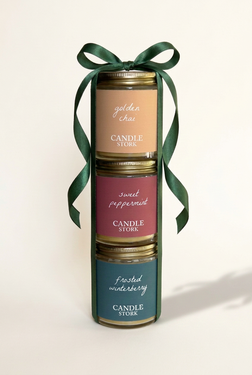Ribbon-wrapped winter candles with cohesive warm studio lighting and a soft shadow