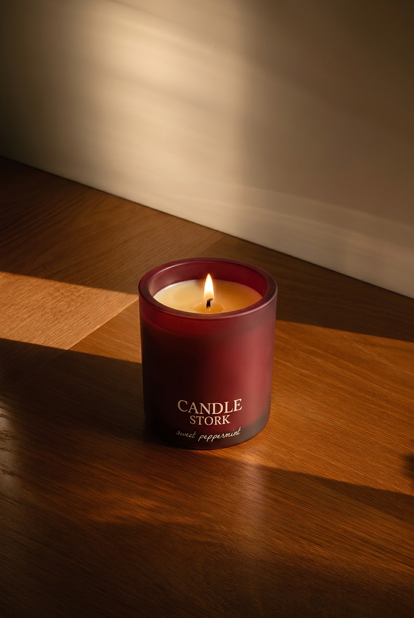 Sweet Peppermint Luxe candle in golden sunlight on wood