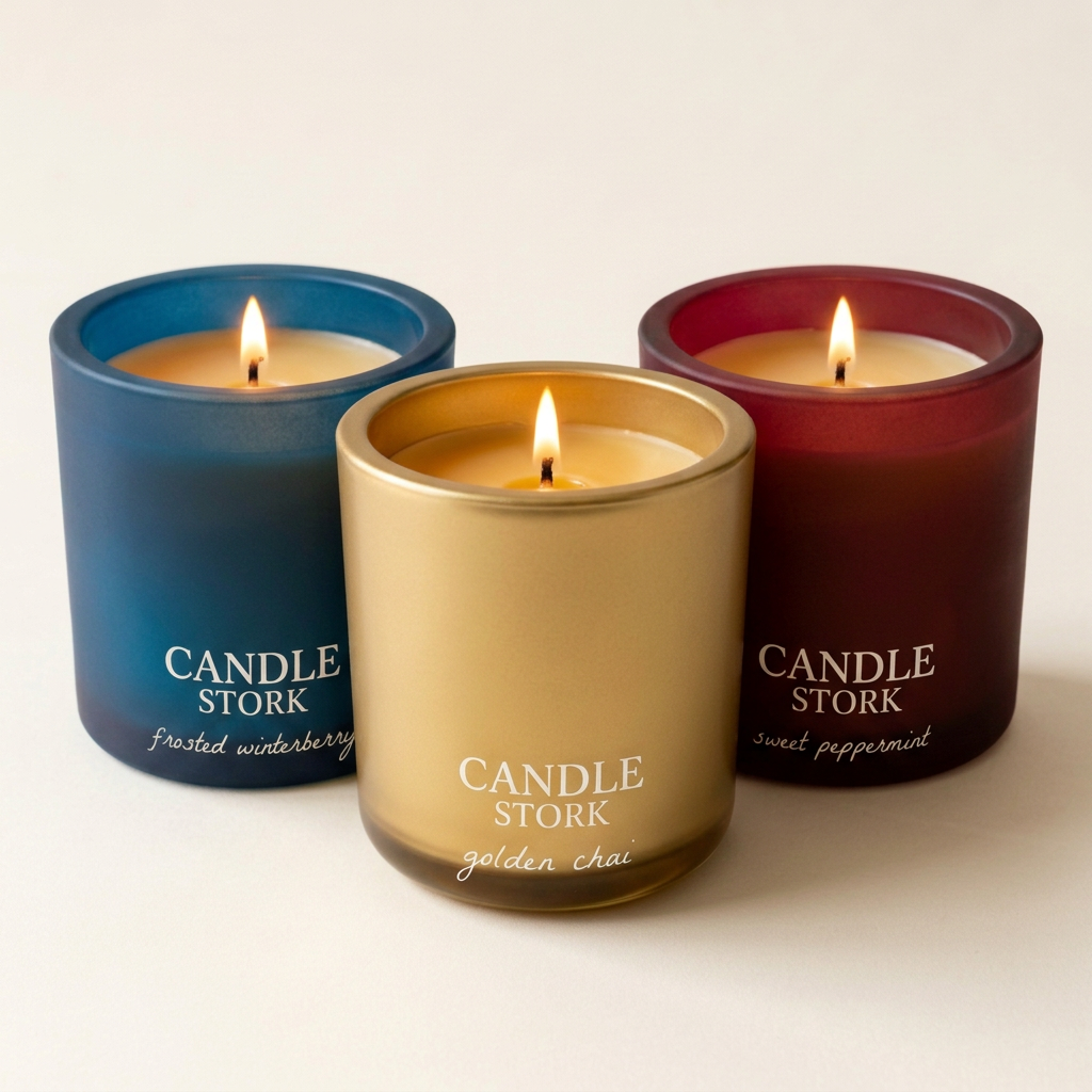 Winter gift set featuring Frosted Winterberry, Golden Chai, and Sweet Peppermint candles